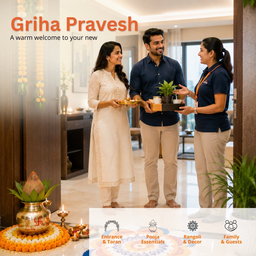 Family entering their new home for Griha Pravesh