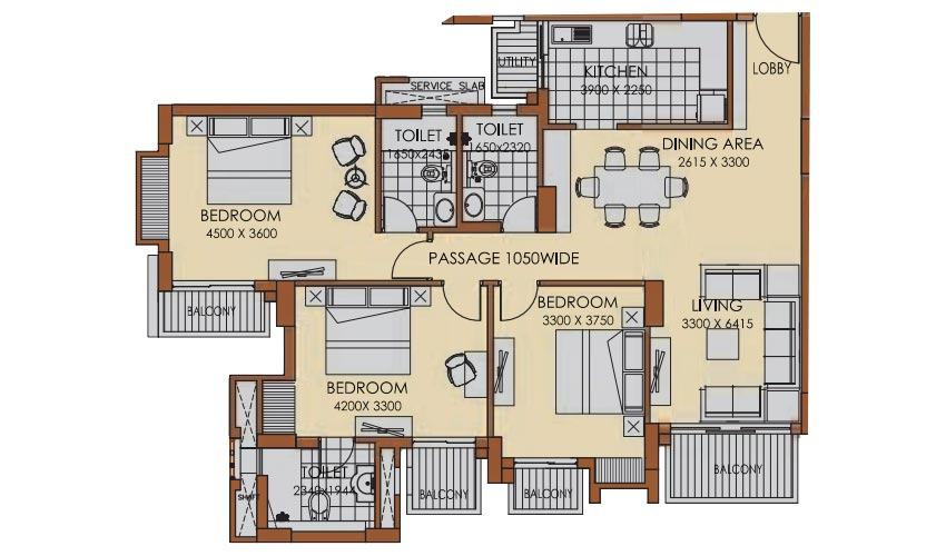 3 BHK apartment floor plan