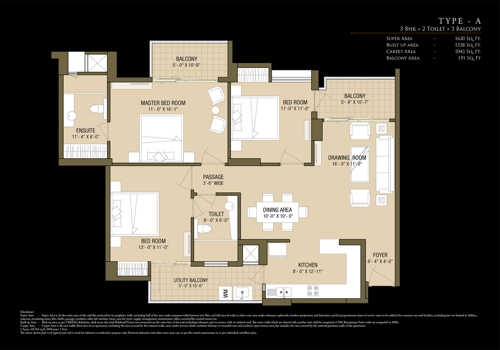 Type A - 3 BHK + 2 Toilet floor plan