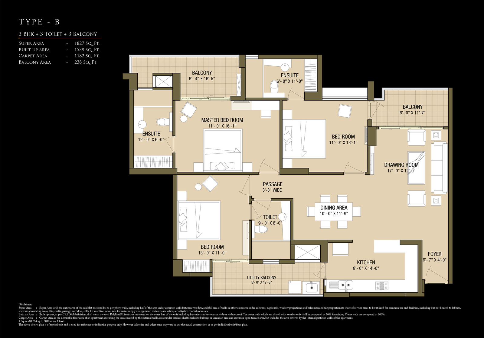 Type B - 3 BHK + 3 Toilet floor plan