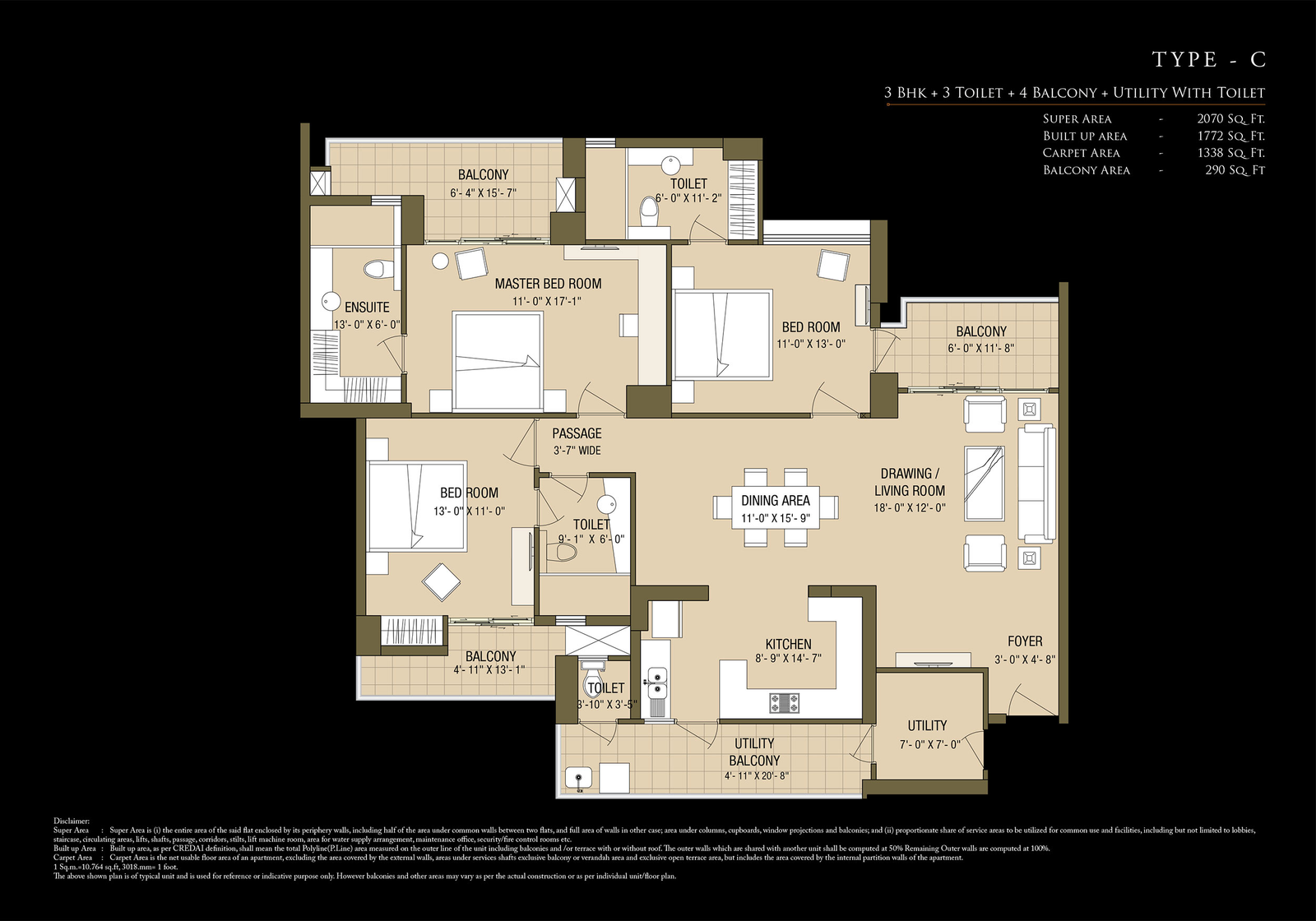 Type C - 3 BHK + Utility floor plan