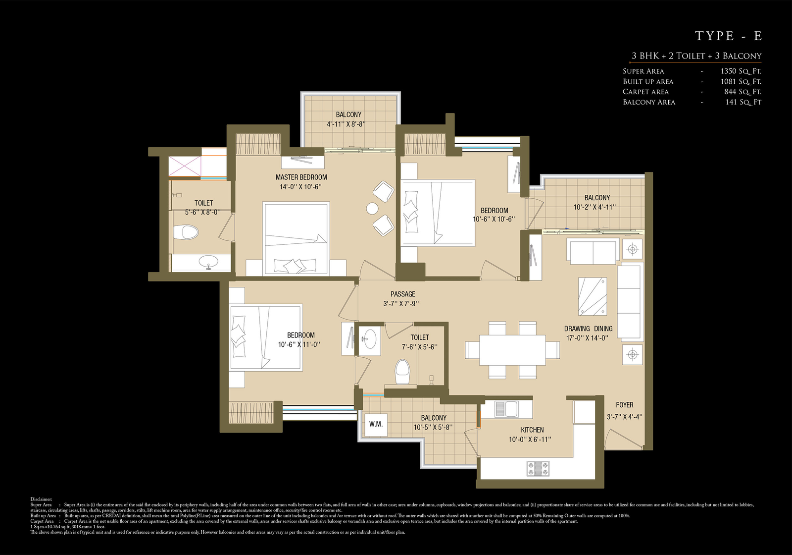 Type E - 3 BHK + 2 Toilet floor plan