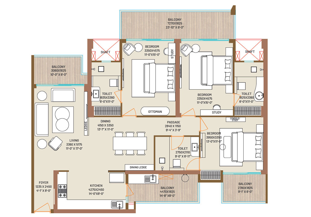3 BHK + 3 Toilet + 3 Balcony floor plan