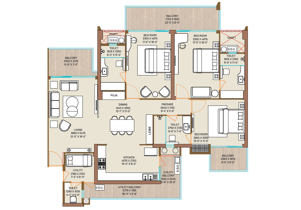 3 BHK + 3 Toilet + 4 Balcony floor plan