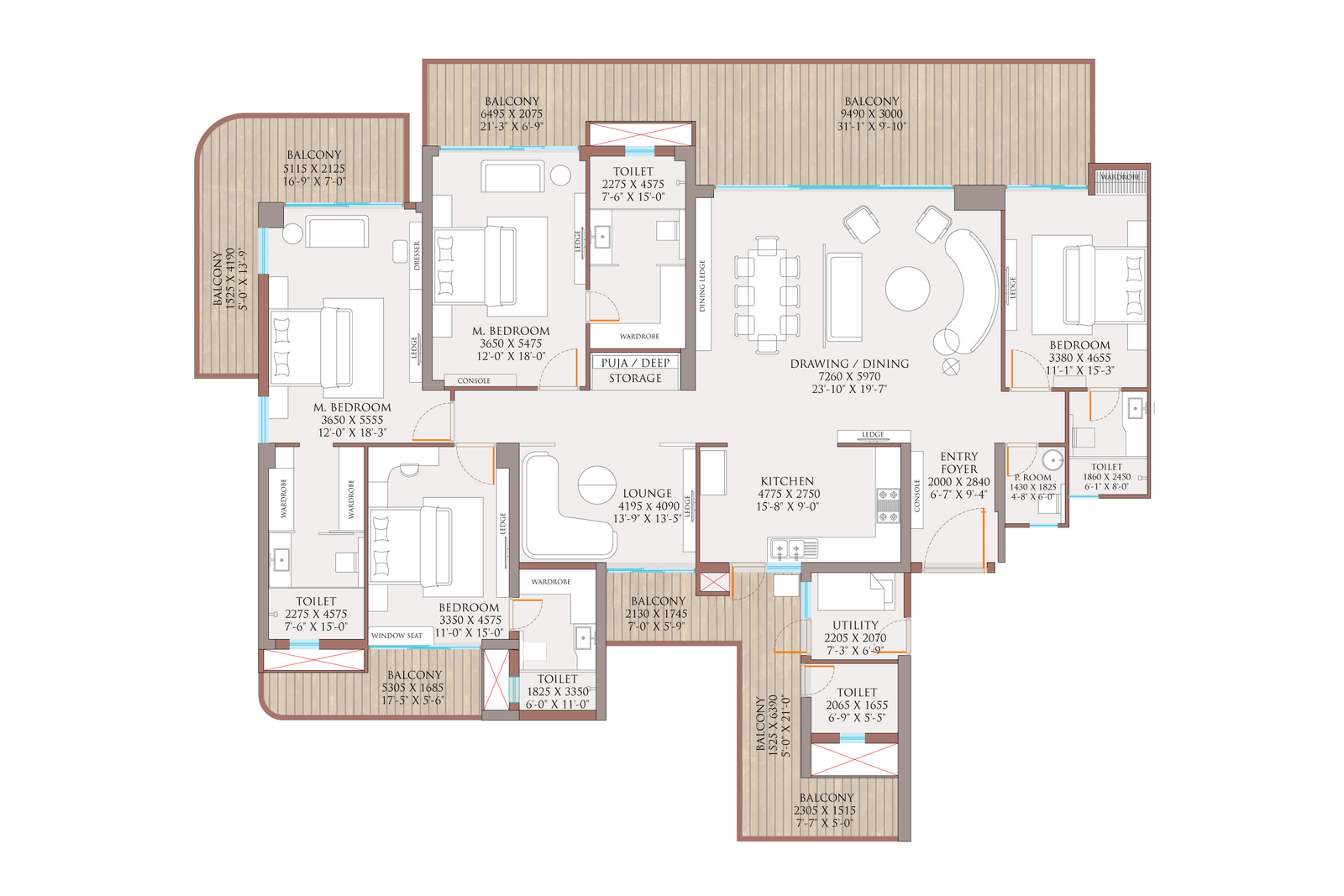 Ivory Gold 4 BHK + 5 Toilet + 4 Balcony floor plan