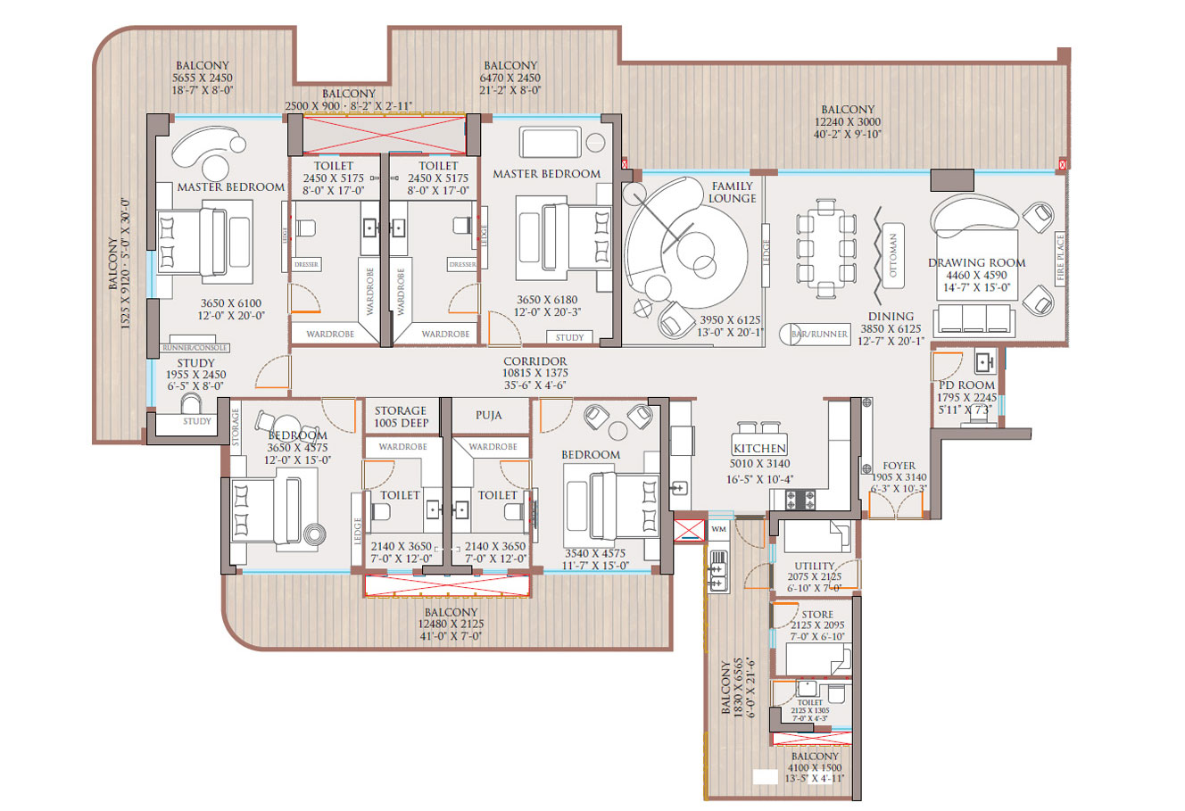 Ivory Gold 4 BHK + 5 Toilet + 3 Balcony floor plan