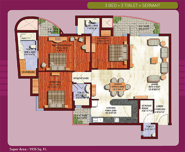 3 BHK + 3 Toilet + Servant floor plan