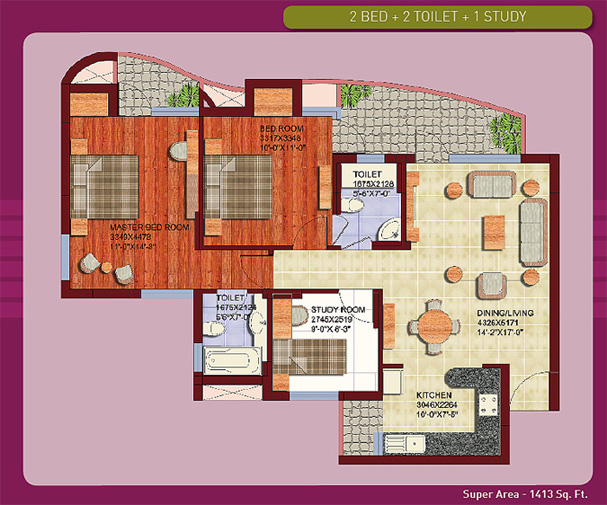 2 BHK + 2 Toilet + Study floor plan