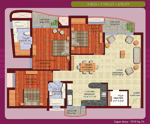 3 BHK + 2 Toilet + Utility floor plan