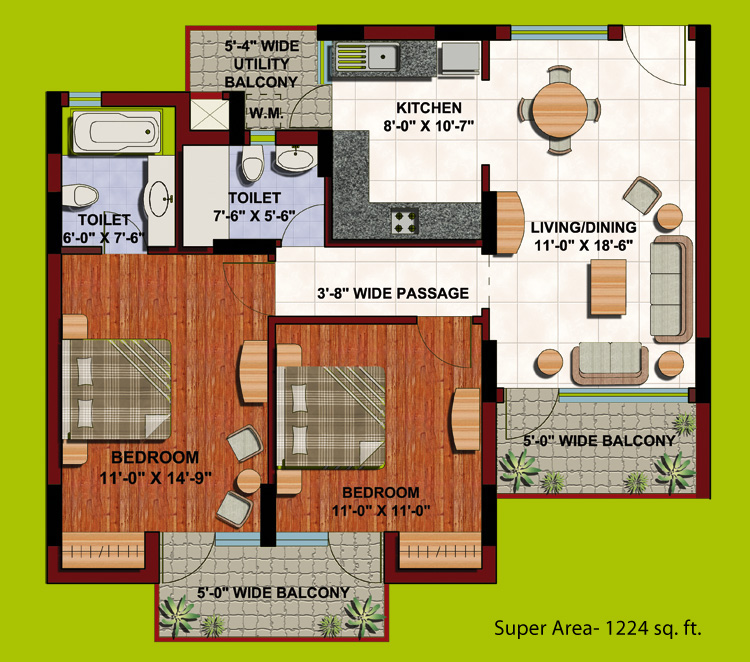 2 BHK - 1224 sq.ft floor plan