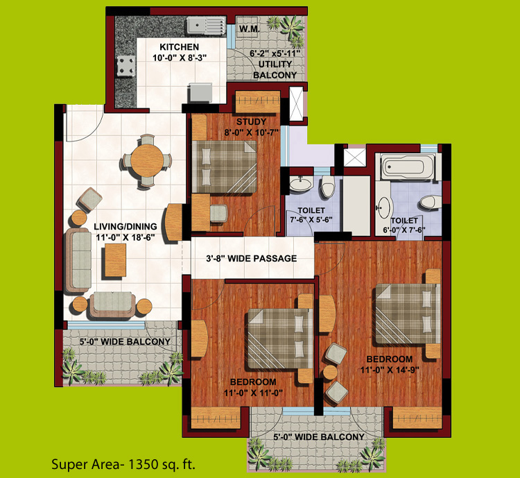 2 BHK - 1350 sq.ft floor plan