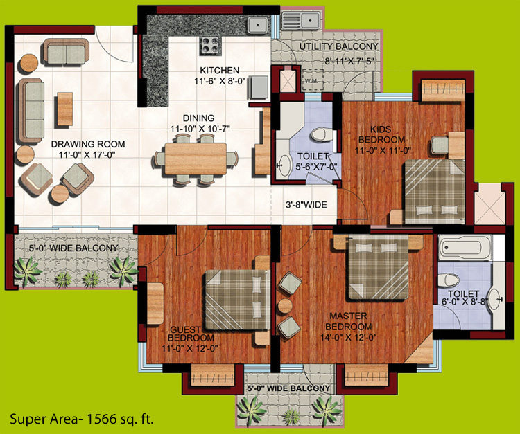 3 BHK - 1566 sq.ft floor plan