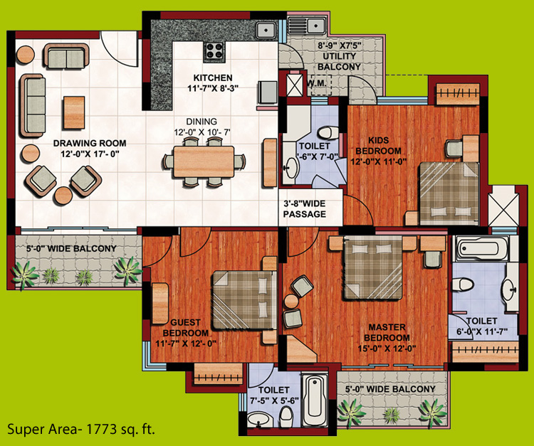 3 BHK - 1773 sq.ft floor plan