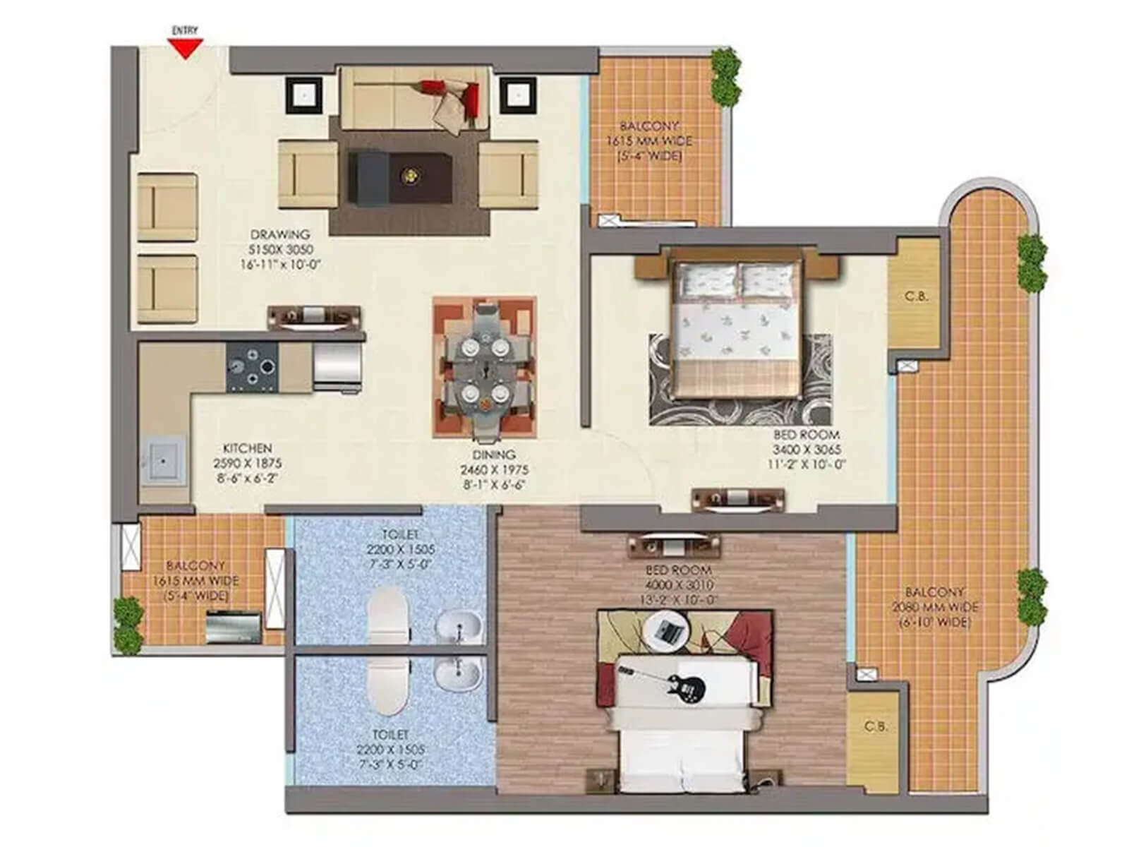 2 BHK apartment floor plan