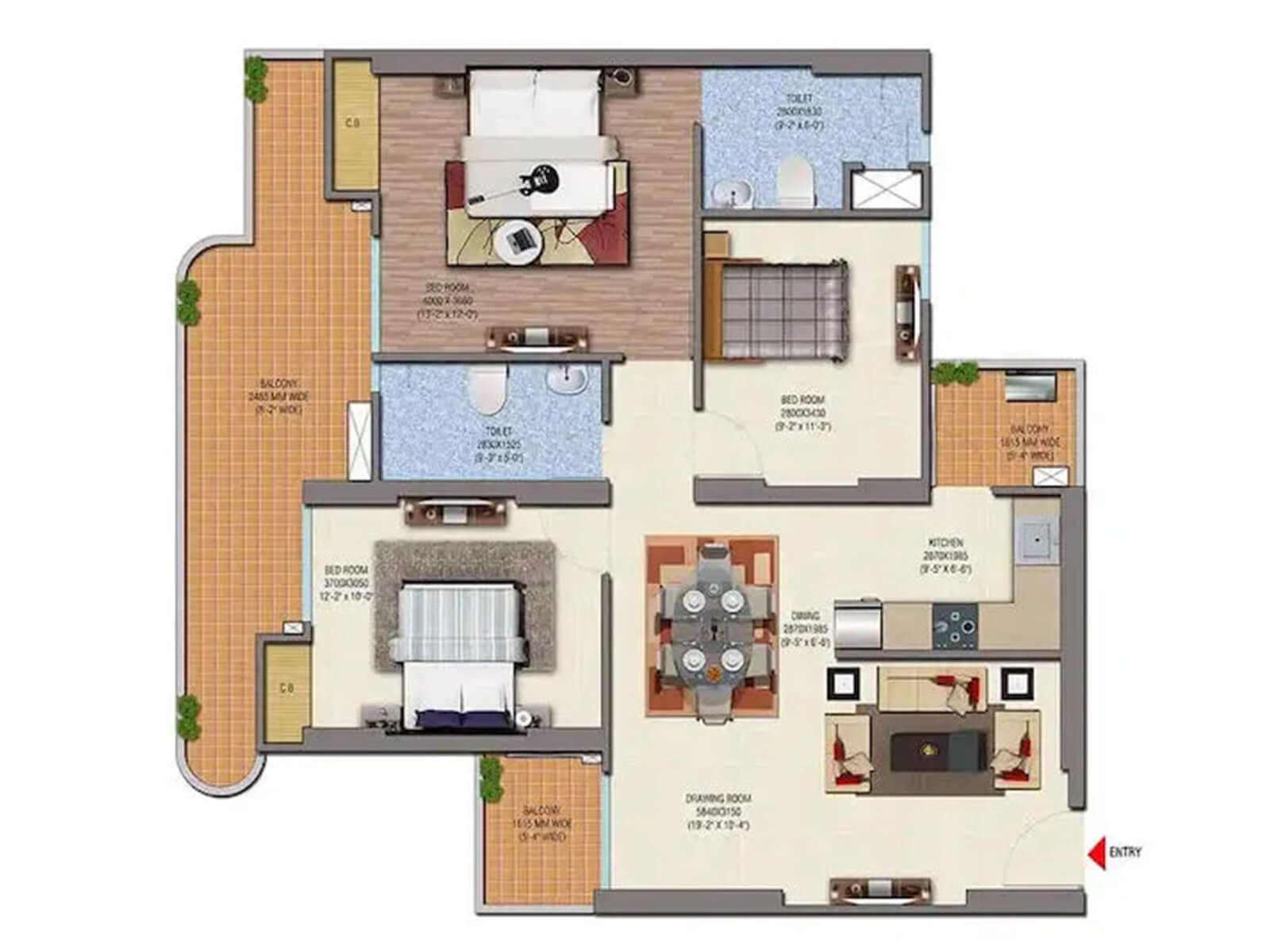 3 BHK apartment floor plan