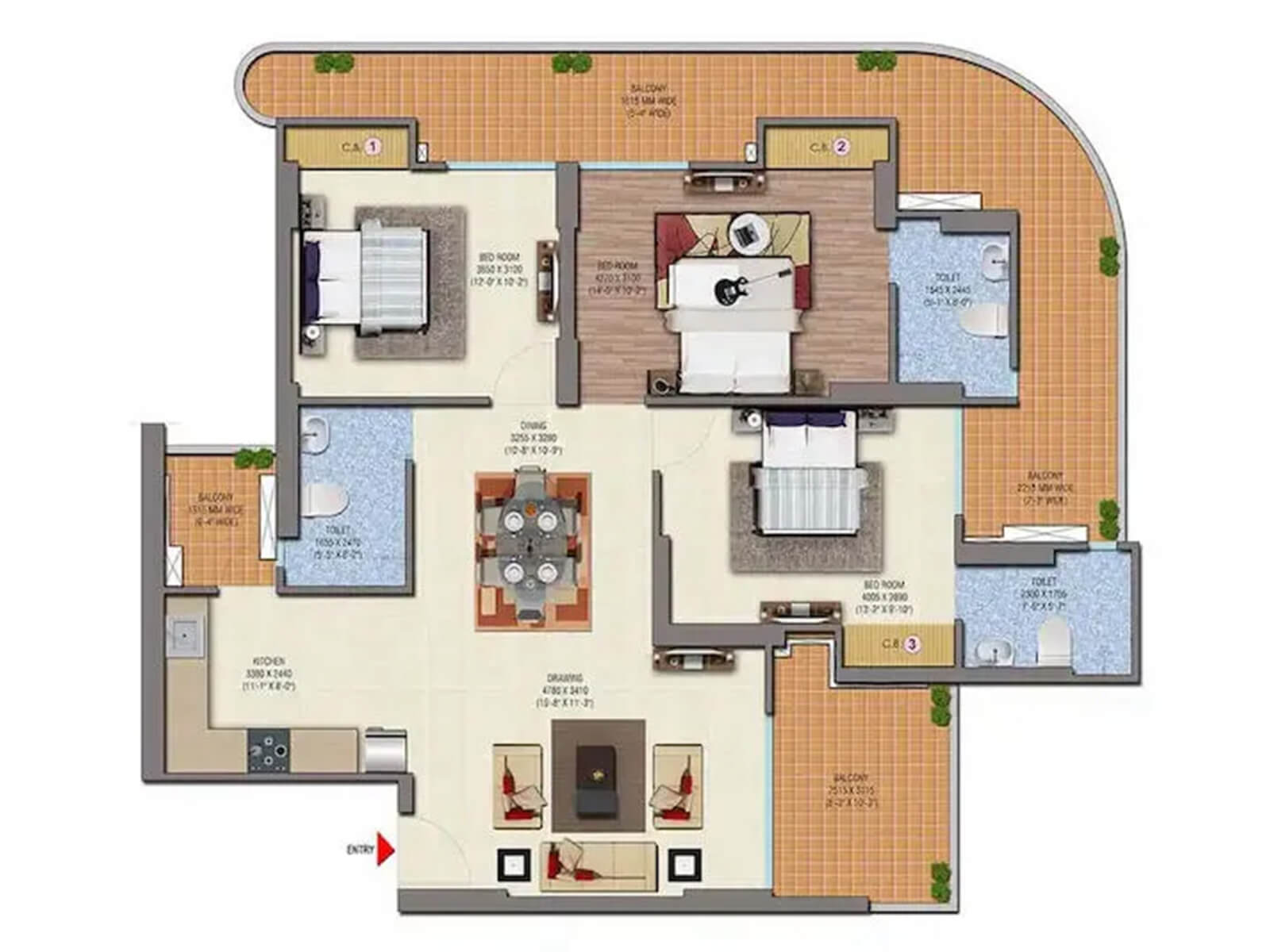 3 BHK apartment floor plan