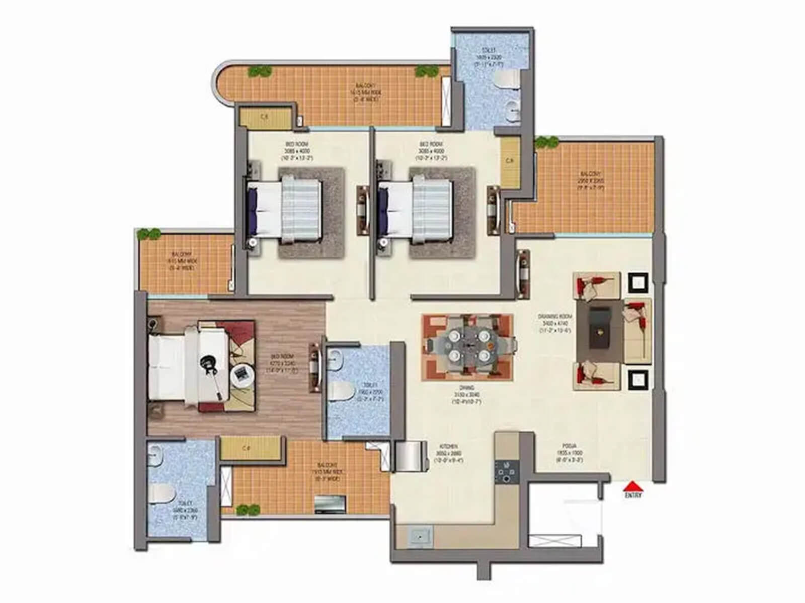 3 BHK apartment floor plan