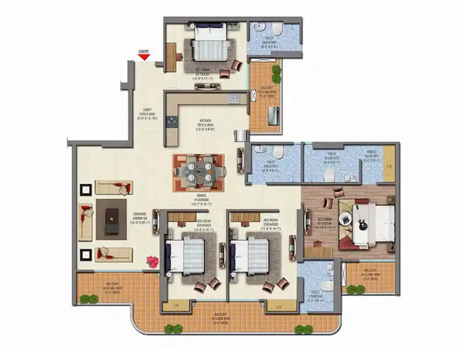 4 BHK apartment floor plan
