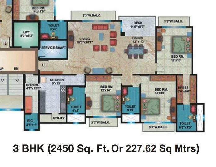 3 BHK - 2450 sq.ft. floor plan
