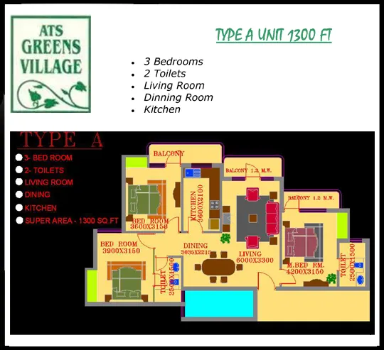 Type A 3 BHK floor plan
