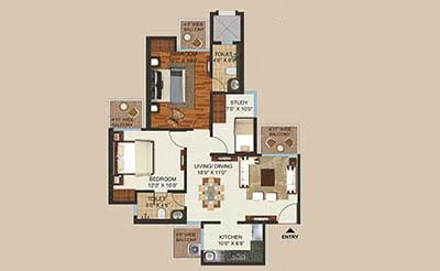 2 BHK + Study Deluxe floor plan