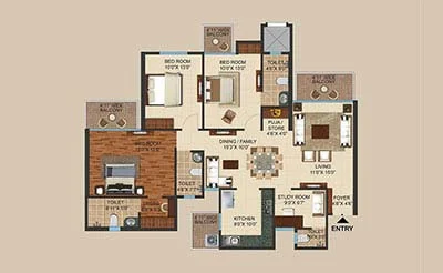 3 BHK + Study Deluxe floor plan